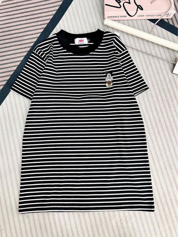 [ PHOM VỪA 40Kg-60Kg ] Áo thun nữ tay ngắn Tôn Dáng cổ tròn sọc phối hình thêu (CT Sọc Thêu Mickey) Top Women 5