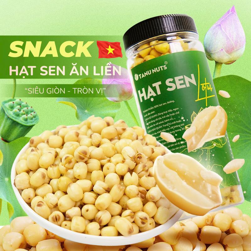 Hạt Sen Đồng Tháp sấy giòn ăn liền TANU NUTS hũ 220g, hạt dinh dưỡng ăn vặt healthy cho văn phòng, nông sản Việt Nam