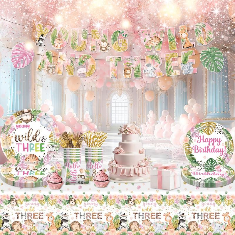 Jungle Themed Birthday Party Decoration Set, 72pcs/set Including Happy Birthday Banner, Plate, Napkin, Fork, Straw, Cup, Tablecloth, Party Supplies, Gifts 3