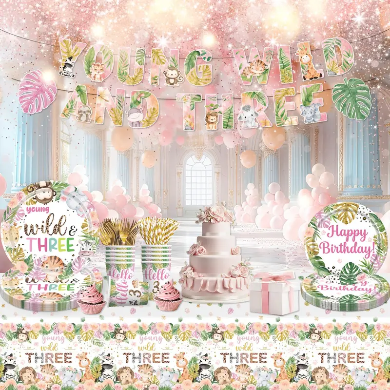 Jungle Themed Birthday Party Decoration Set, 72pcs/set Including Happy Birthday Banner, Plate, Napkin, Fork, Straw, Cup, Tablecloth, Party Supplies, Gifts 3
