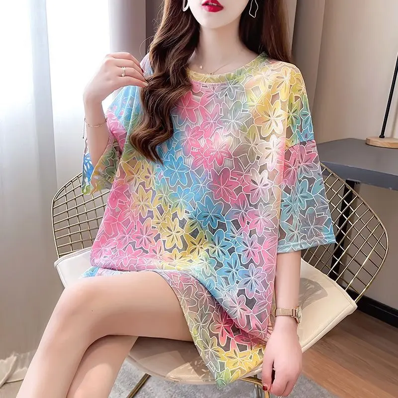 Áo Thun Nữ Mùa Hè, Phong Cách Hàn Quốc, Ngoại Cỡ, Tie-Dyed, Dài Trung Bình Dáng Rộng Vừa Vặn, Ngắn Tay, Thiết Kế khoét Chất Liệu Mỏng, Áo Ins Dân Tộc, Hàng Mới Về