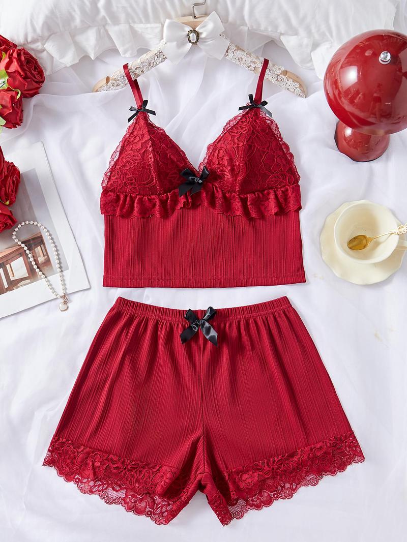 Product Introduction of Women's Plain Bow Decor Crop Cami Top & Lace Trim Shorts Pyjama Set, Casual Comfy Spaghetti Strap Camisole & Elastic Waist Shorts PJ Set, Ladies Sleepwear for All Seasons 9