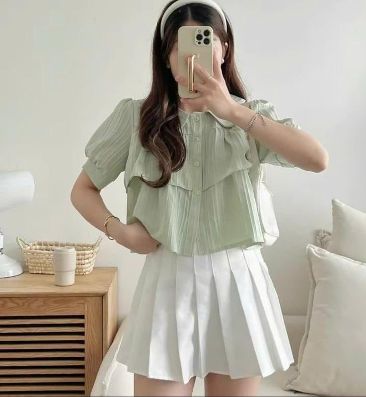 Áo sơ mi babydoll tầng chất đũi phối tay bồng tiểu thư Nữ