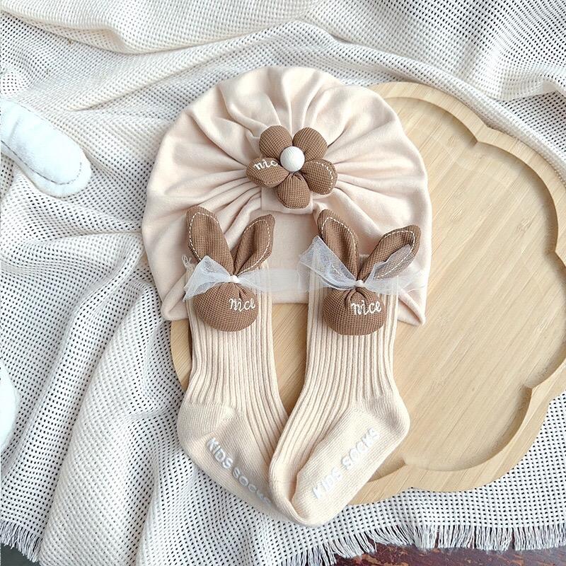 Set mũ kèm tất dài hình thỏ xinh xắn cho bé gái từ 4-10kg Cotton Vải Cotton 1