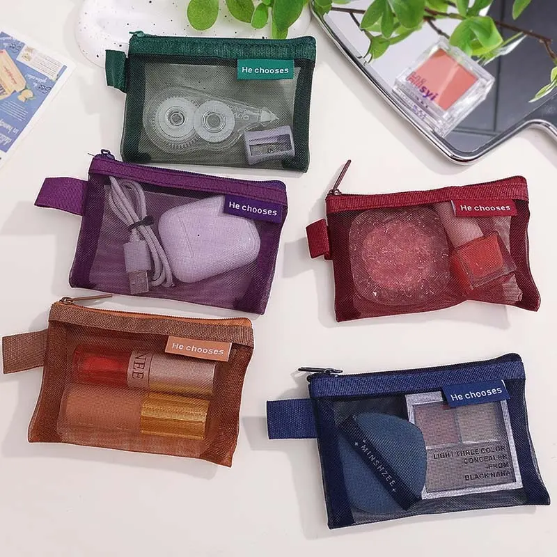 1pc Mini Portable Mesh Zipper Storage Bag Retro Transparent Nylon Bank Card Organizer Pouch Storage Bag