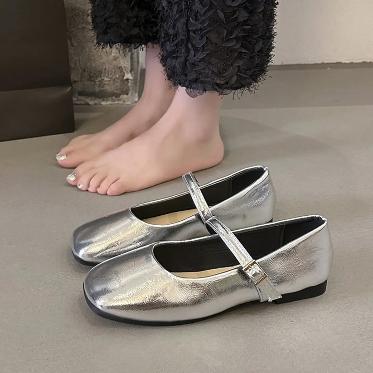 French elegant women's shoes, fashionable square toe retro women's shoes, Mary Jane shoes, silver, black, brown, size 35-40