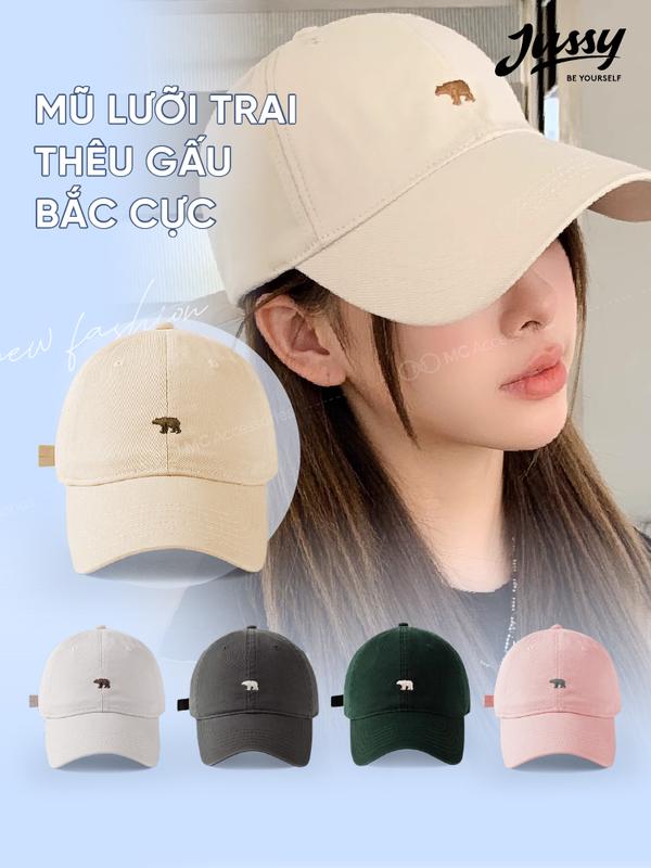 Mũ lưỡi trai nam nữ Jussy Official Thêu hình gấu, nón lưỡi trai vải kaki form mềm cá tính