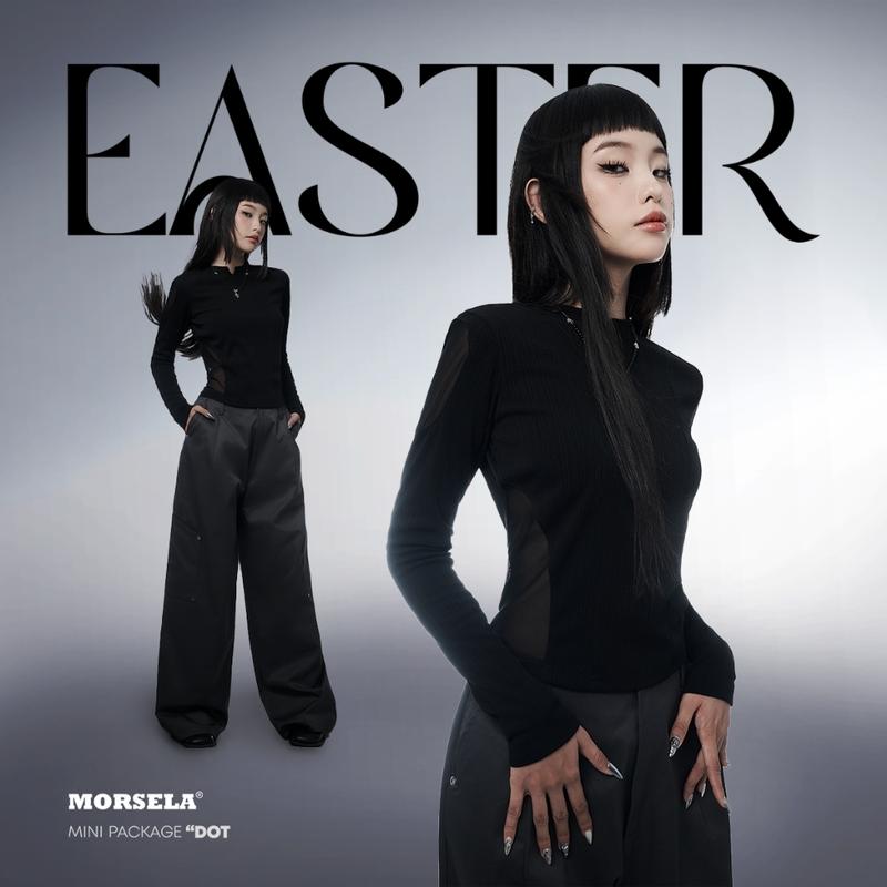 MORSELA chính hãng - Áo croptop nữ kiểu tay dài cổ cao 3/4 form ôm cut-out phối lưới EASTER phong cách sexy cá tính