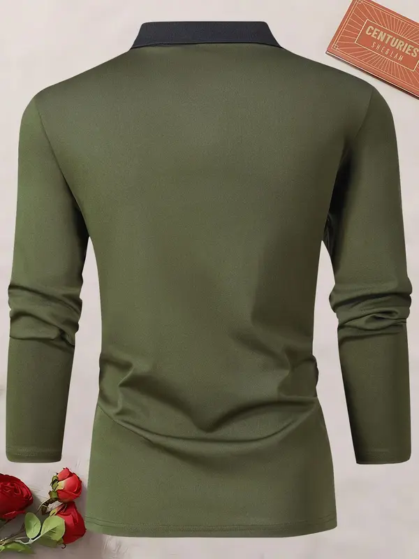 Men's Horse Print Quarter Zipper Polo Shirt, Contrast Collar Longsleeves Polo Shirt, Men's Drippy Outfits, Stylish Going Out Outfit 3