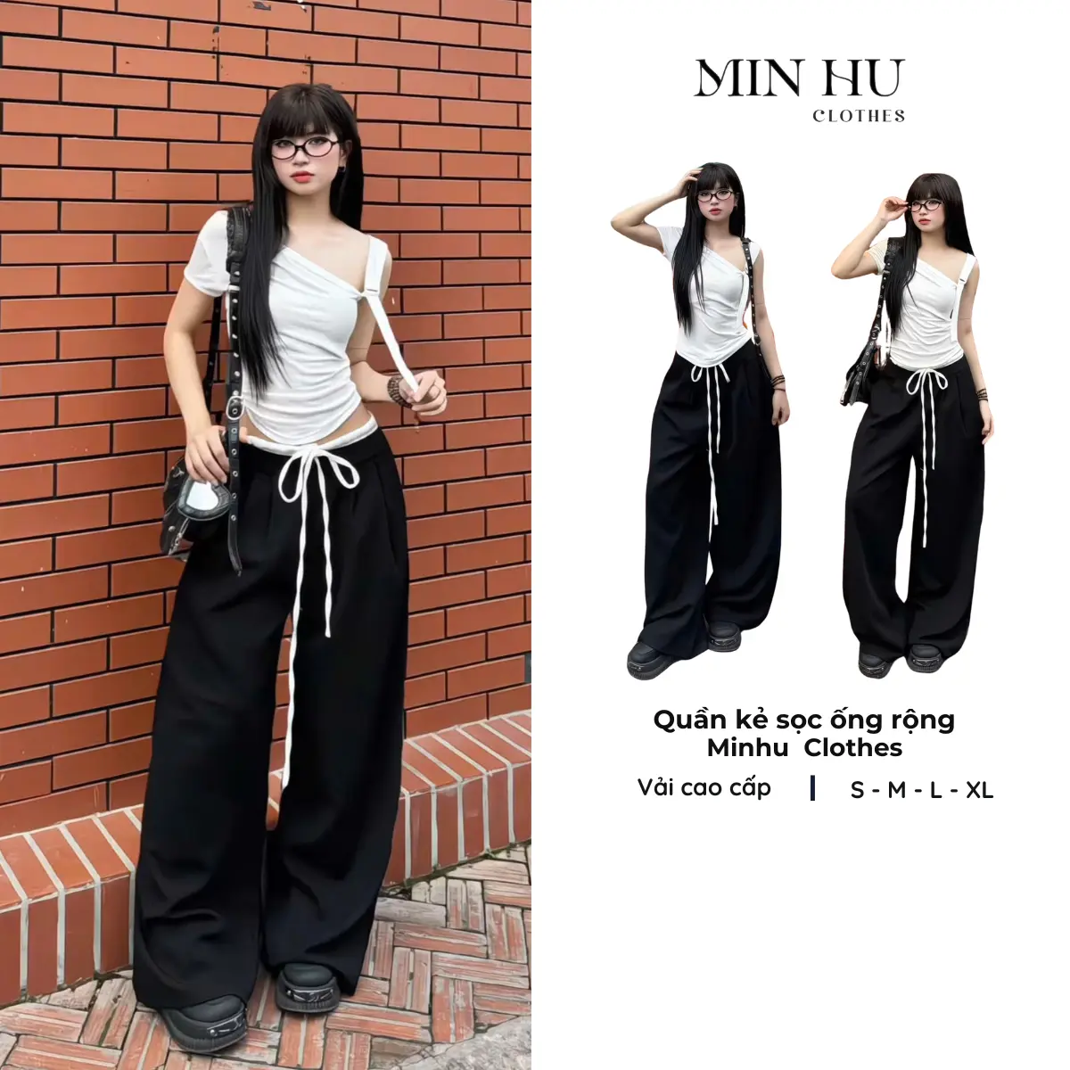 Quần ống suông phối cạp trắng chun eo Minhu Clothes
