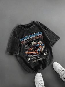 メンズ 100%コットン ストリートスタイル レーシング柄プリント ダメージ加工 半袖Tシャツ、ヴィンテージ風 カジュアルトップス、オールシーズン対応