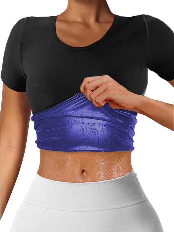Summer 2024 Women's Solid Color Round Neck Short Sleeve Sauna Top,  Compression Shirts, Tight-fitting Sweat-wicking Crew Neck Sports Tee, Fitness Workout Gym Exercise Top for Women 6