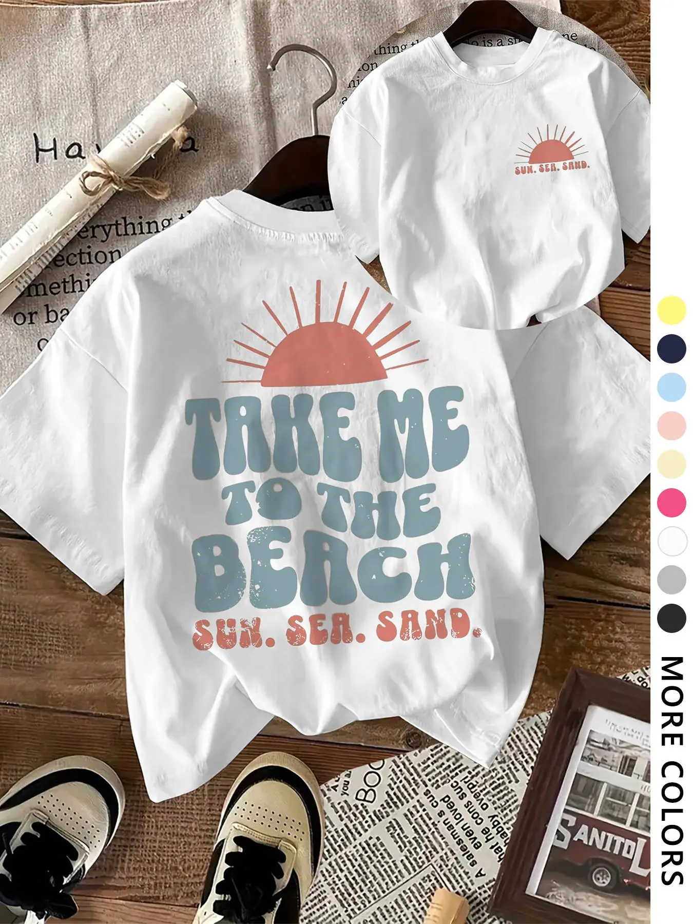 Women's Vintage Sun & Letter Print Round Neck Tee, Casual Short Sleeve Beach T-shirt for Beach Daily Wear, Ladies Clothes for All Seasons