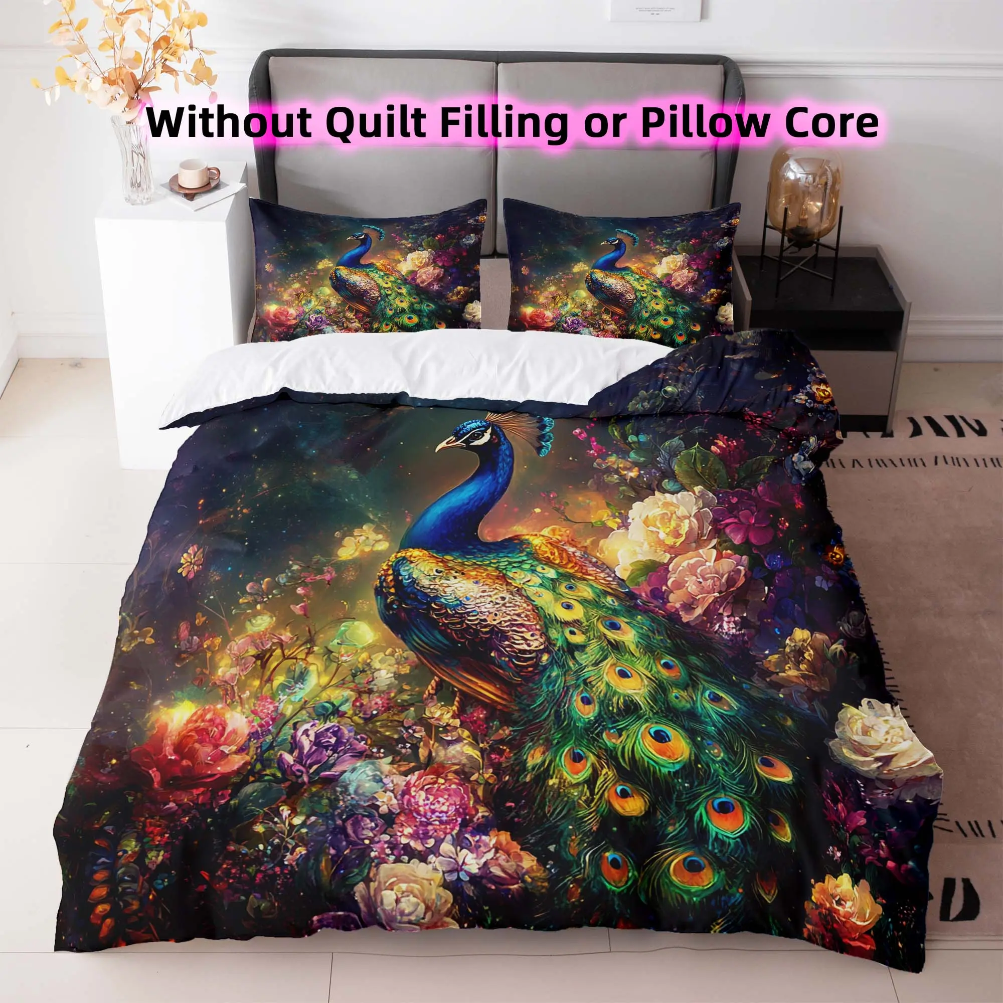 Peacock Pattern Bedding Set, 3 Counts/set Including Duvet Cover & Pillowcase without Filler, Soft Comfortable Bedding Set for Home Bedroom