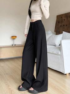 กางเกงขากว้าง สีดำ สำหรับผู้หญิง มาใหม่ในฤดูใบไม้ผลิและฤดูร้อน 2025 กางเกงไมโครแลร์ สไตล์ลำลอง ทรงตรง เอวสูง เหมาะสำหรับสูท