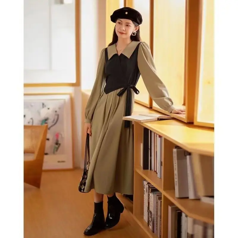 Plus Size Dress for Women 2025 Autumn French Retro Style V-Neck Long Sleeve Fake Two-Piece Dress Long Dress for Women
