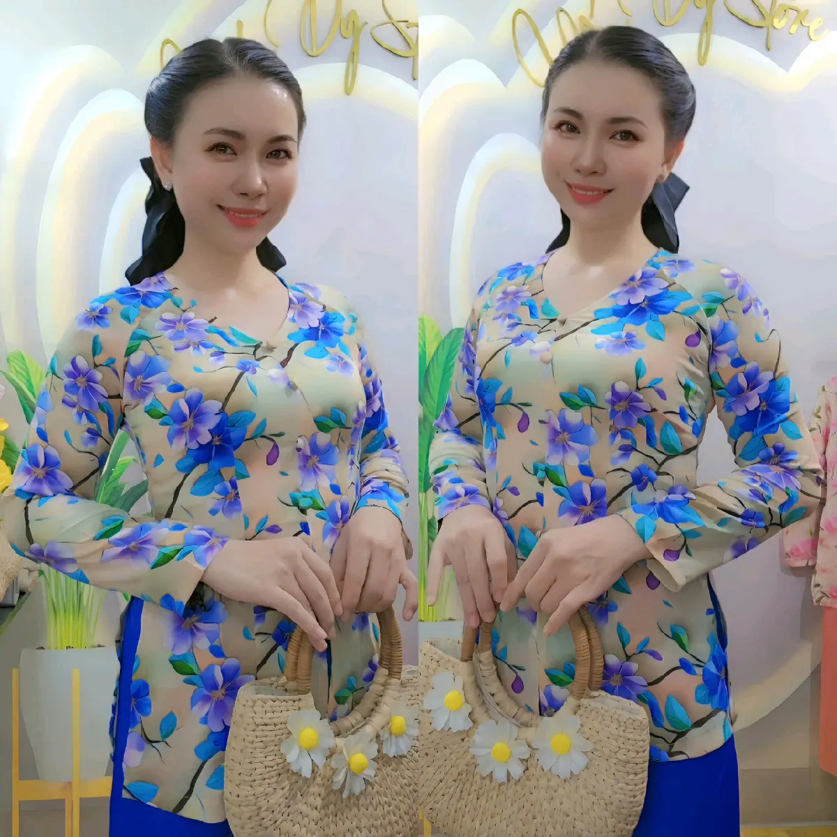 ÁO LẺ - Áo Bà Ba Cổ Tim Tay Dài Lụa In 8D Cao Cấp Mềm Mát Phom (45-76kg) Nữ Nhung ao