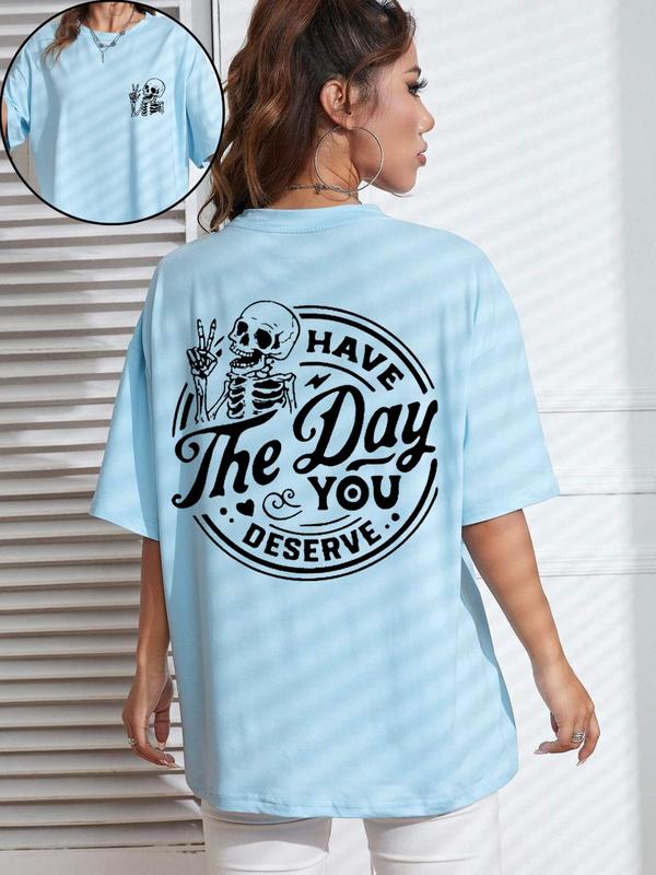 Women's Streetwear Letter & Skeleton Print Drop Shoulder Tee, Casual Half Sleeve Round Neck T-shirt for Daily Wear, Ladies Clothes for All Seasons, Tshirt 5