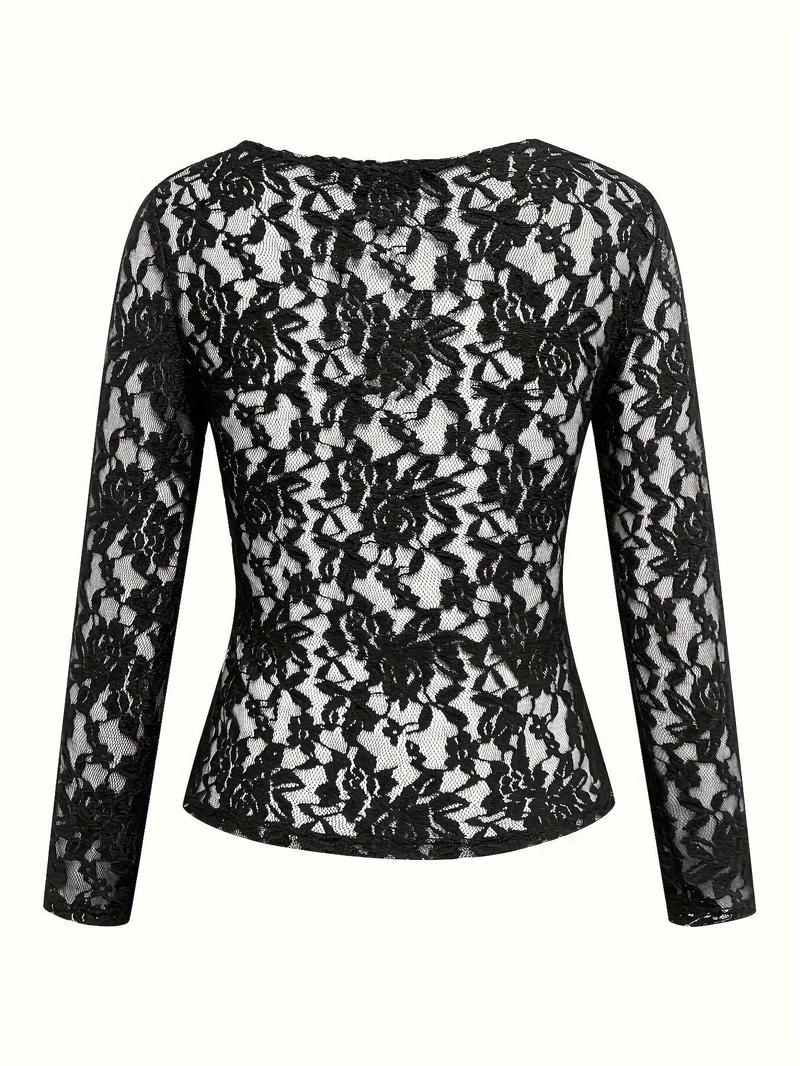Product Introduction of Women's Plain Contrast Mesh Scallop Trim Sheer Lace Top, Casual V Neck Long Sleeve Top for Party Holiday Vacation, Ladies Clothes for All Seasons Valentine's Day, gift 13