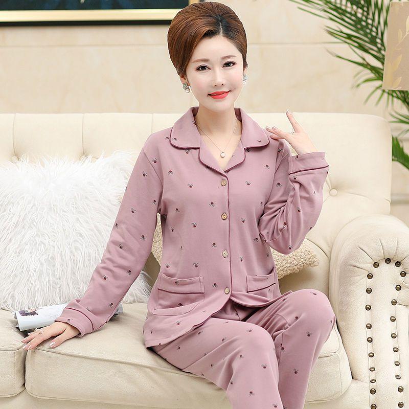 Bộ Đồ Ngủ Cotton Nguyên Chất Cho Mẹ Trung Niên Dành Cho Nữ, Tay Áo Dài, Ngoại Cỡ, Bộ Áo Cardigan, Thích Hợp Cho Phụ Nữ Trung Niên Và Cao Tuổi, Mặc Nhà, Mùa Xuân Và Mùa Thu, Có Sẵn Trong Mùa Hè 0