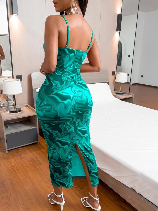 Women's Marble Print Split Thigh Cami Dress, Summer Clothes Women, Elegant Adjustable Strap Bodycon Midi Dress for Party Club, Dress for Women Valentine's Day, gift 5