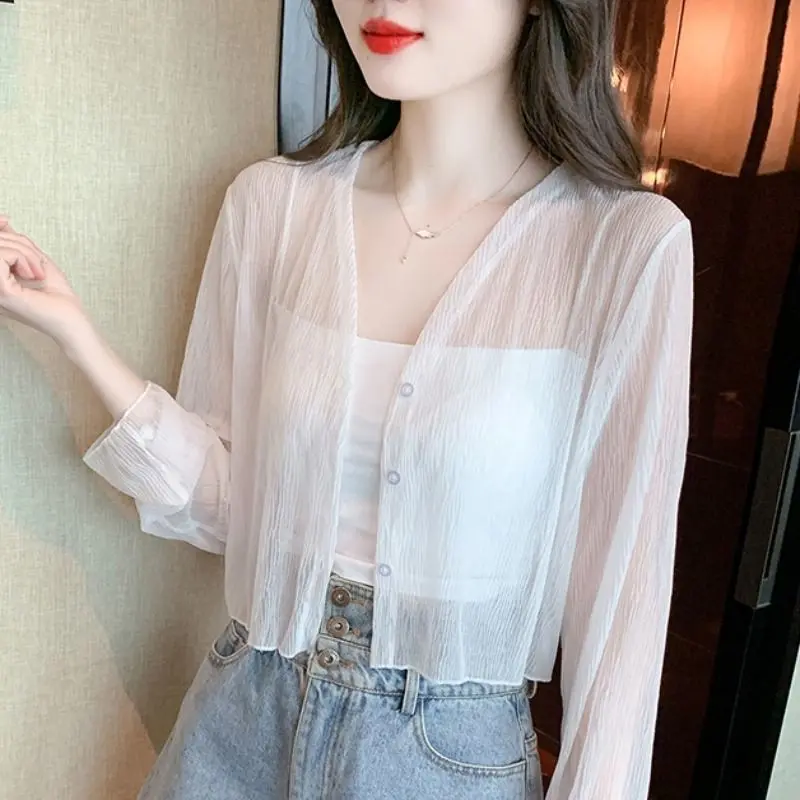 Quần Áo Chống Nắng Lụa Lạnh Màu Trắng, Dành Cho Phụ Nữ Vào Mùa Hè, Áo Cardigan Voan Mỏng, Váy Hai Dây, Áo Mặc Bên Ngoài, Áo Khoác Capelet Che Kín Mặt, TKH 531 Người