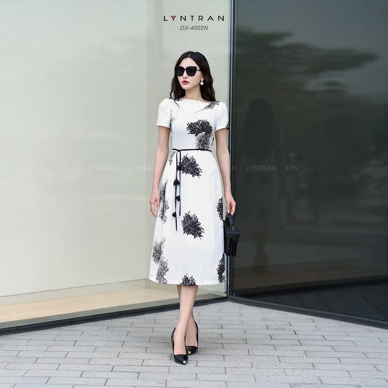 Đầm xòe họa tiết dự tiệc dáng xòe đầm midi dạo phố  ngắn tay LYNTRAN DX-4002N Nữ Women Dress Nữ Women Nữ Women Đen Trắng Màu Trắng 3