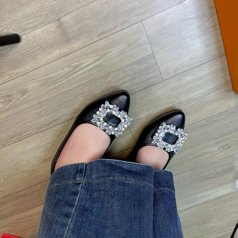 Giày Bệt Nữ Mũi Nhọn Đính Đá-Giày Búp Bê Đế Bằng Hai Màu Đen+Kem cho Women Chất Da Shoes Mềm Mại Đi Êm Chân tiểu thư 5