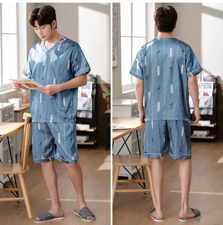 Product Introduction of Men's Pajamas Summer Fashion V-Neck Thin Ice Silk Short-Sleeved Shorts Nightie Two Piece 2024 New Boys Casual Sleepwear Nightie 33