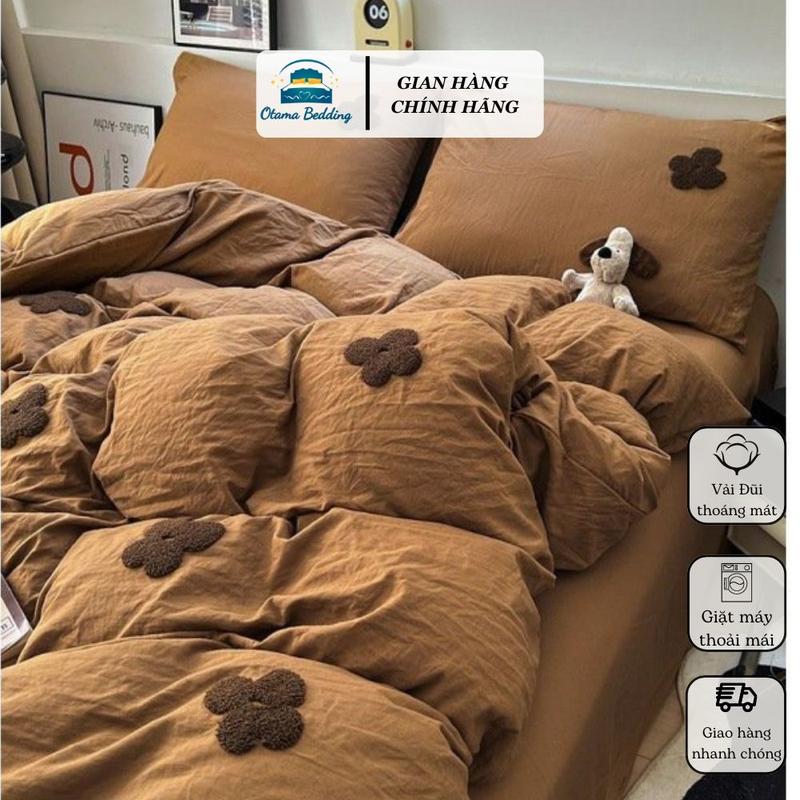 Bộ chăn ga gối 4 món cotton đũi decor phòng Hàn Quốc drap nệm bo chun phủ giường Otama Bedding