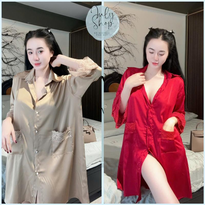 Đầm Ngủ Nữ Váy Ngủ Sơmi JULY Tay Loe Ren Tầng Chất Lụa Latin Cao Cấp <65KG