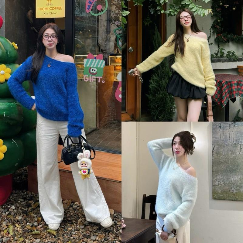 ẢNH OLDSCHOOL ÁO LEN LÔNG THỎ tone màu nổi TRỄ VAI CHẤT SIÊU MỀM QC8812