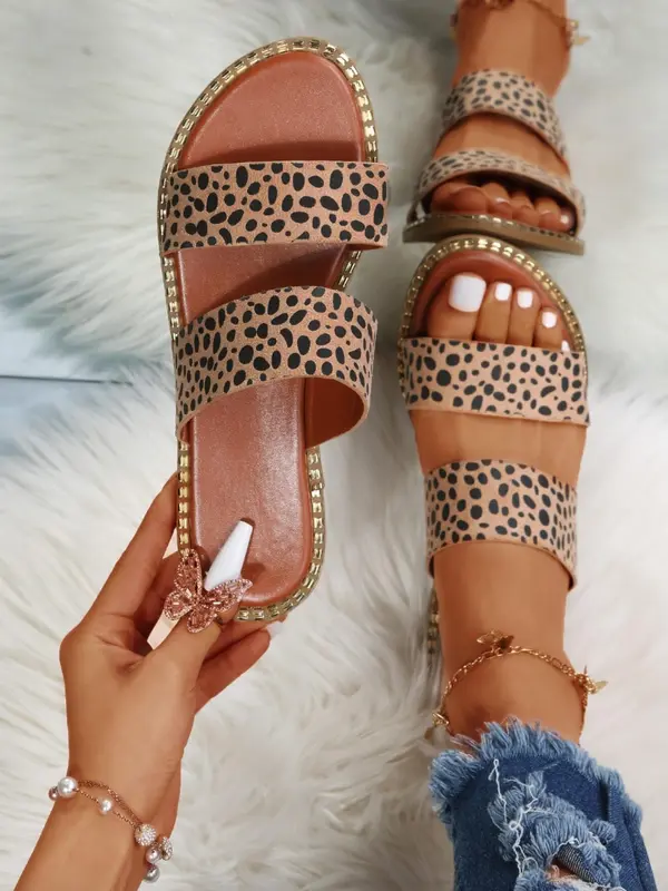 Women's Fashion Leopard Pattern Slippers, Boho Sandals, Elegant Sandal, Summer 2025 Outdoor Beach Vacation Slides Sandals, Comfort Trendy Double Band Slippers for Girl, Gifts for Wife, Flat Sandals, Bohemian Sandals, Flat Sandal Shoes, Footwear 6