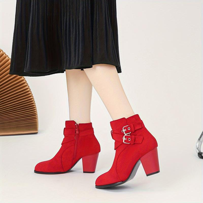 Women's Ankle Boots with Side Zipper and Straps Chunky Heel Comfortable Height-Increasing Lace-Up Short Boots 7