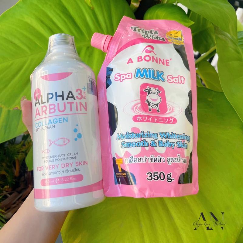 Combo Sữa tắm Alpha Arbutin 350ml + Tẩy tế bào chết muối bò 350g + vỉ Alpha tẩy  da 0