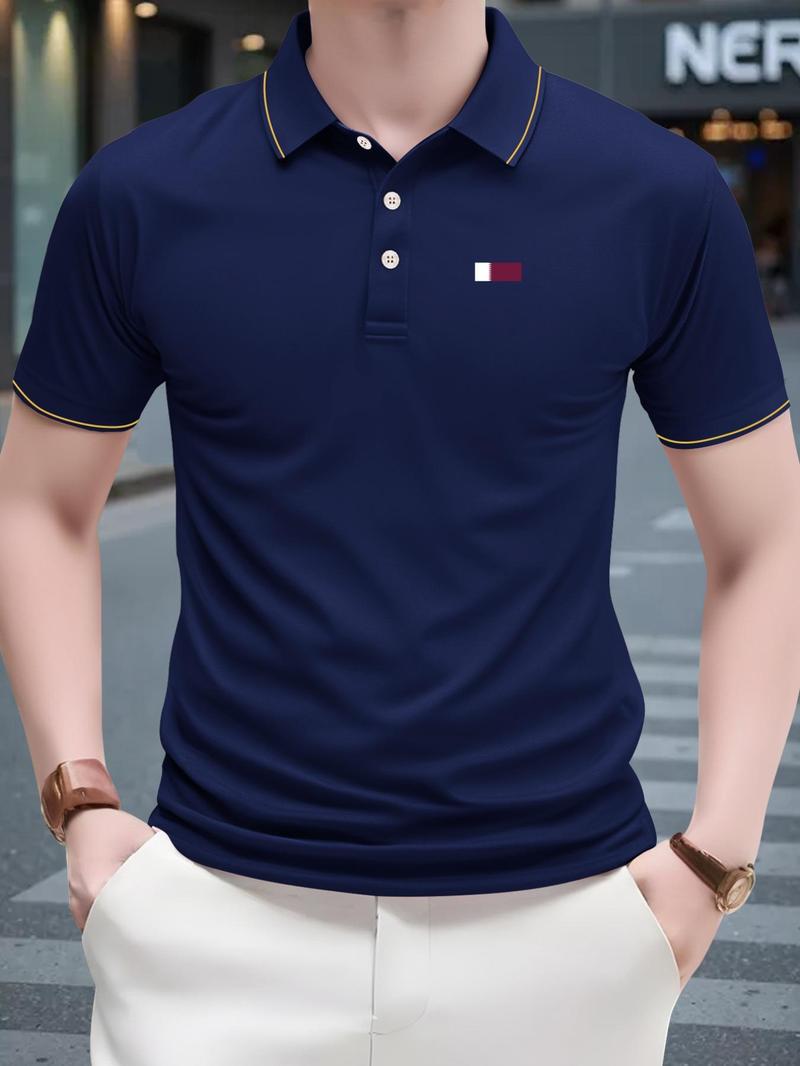 Product Introduction of Men's Regular Fit Geometric Print Contrast Trim Polo Shirt, Casual Short Sleeve Collared Top for Summer, Fashion Men's Clothes for Daily Wear, Tropical 6