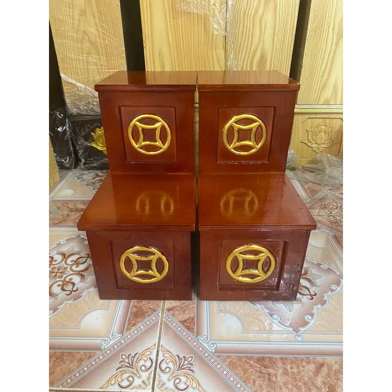 Bục kê tượng thần tài, nhị cấp thờ để hai bên ban thờ thần tài màu gỗ tự nhiên (dát vàng & nhị cấp)