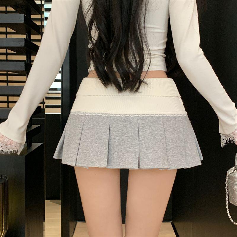 Chân Váy Xếp Ly, Màu Xám, Phong Cách Gợi Cảm Và Cô Gái Nóng Bỏng, Chắp Vá Với Ren, Chân Váy Nhỏ Hàng Mới Về, Chân Váy Cạp Cao Thích Hợp Cho Mùa Thu Và Mùa Đông, 2024 9
