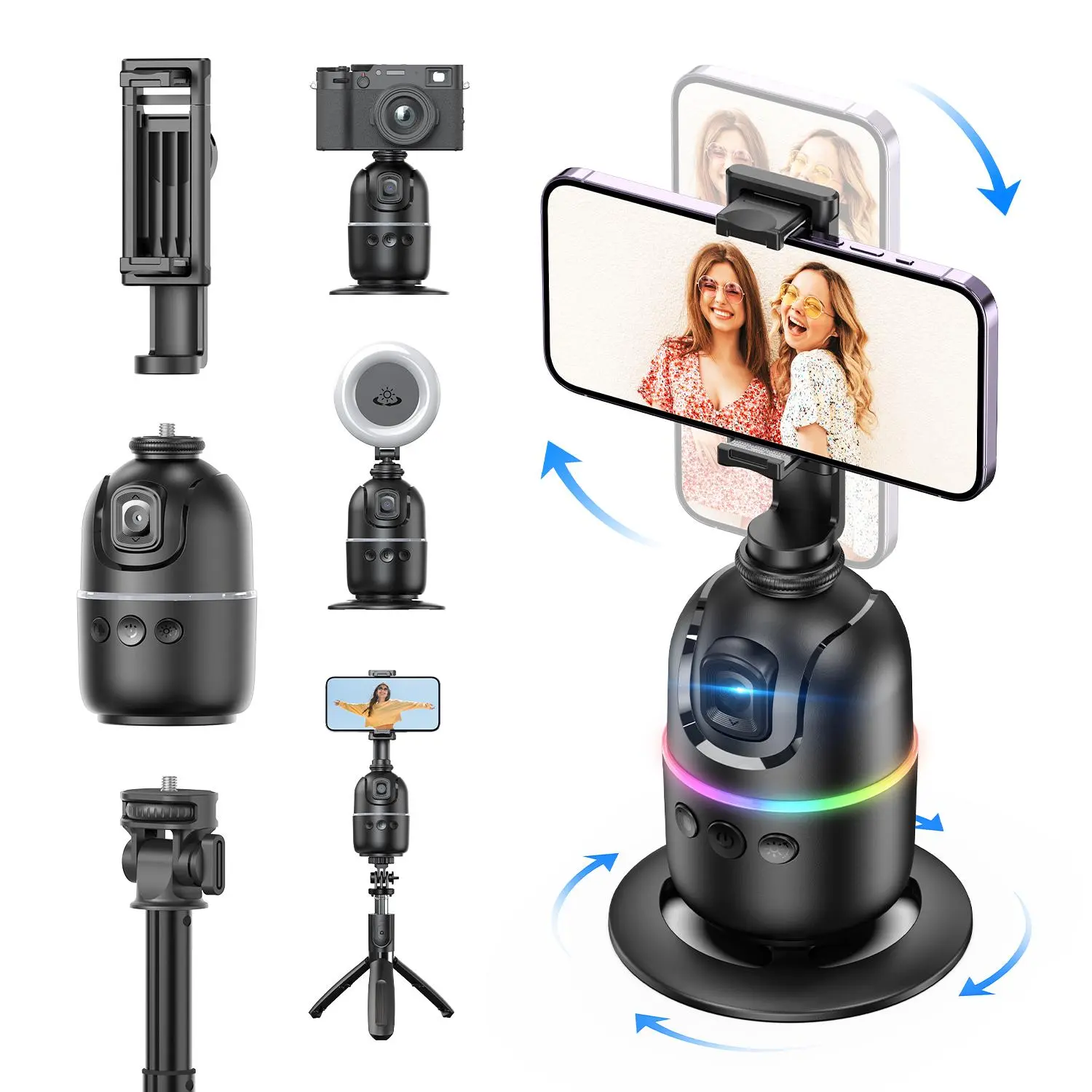 Auto Face Tracking Phone Holder, 360° Rotation Face Body Phone Tracking Tripod, Rechargeable Smart Shooting Camera Mount for Live Vlog