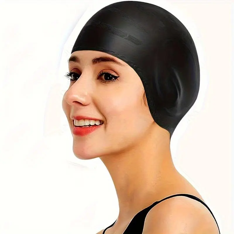 1 Silicone Swim Cap with Ear Protection, Waterproof Comfortable Non-Slip Swimming Hat for Long Hair - Black