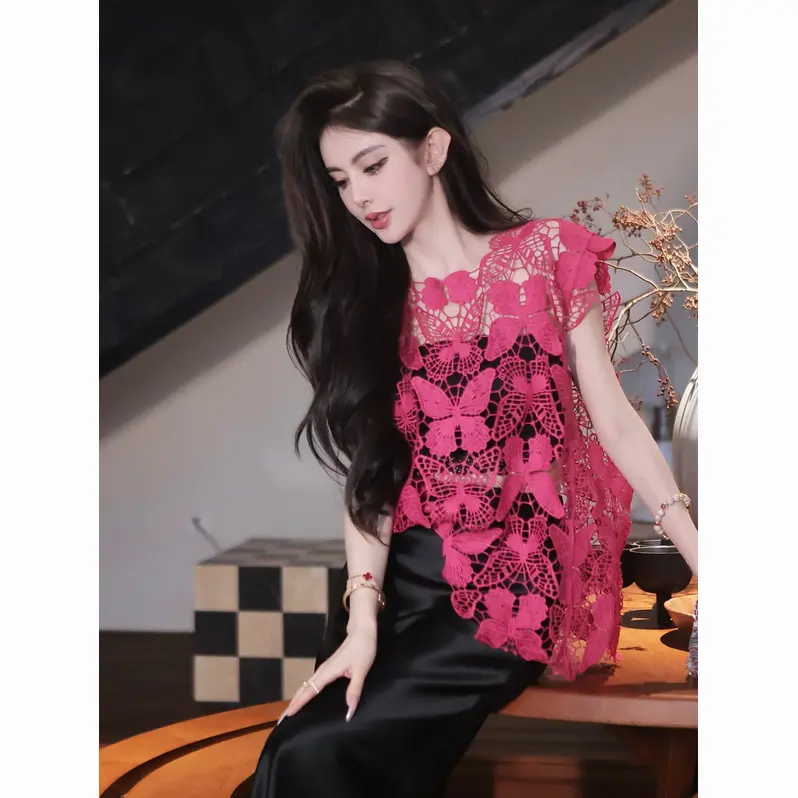 Áo Cánh Ren, Thiết Kế Bướm Rỗng Ga Châu Âu, Cổ Tròn, ngắn Tay, Dành Cho Nữ, Thời Trang Cao Cấp, Hàng Mới Về Mùa Hè 2024, Áo