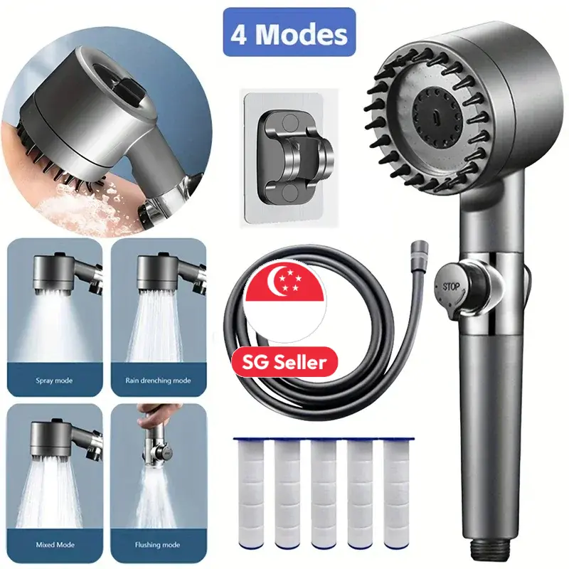 【SG STOCK】4-in-1 High Pressure Shower Head Set - Handheld Showerhead with Water Filter & 3 Spray Modes, Water Saving Design for HDB/Bathroom