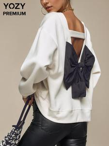 YOZY Women's Bow Decor Backless Pullover Sweatshirt, Casual Long Sleeve Round Neck Sweatshirt for Spring & Fall, Women's Clothes for Daily Wear
