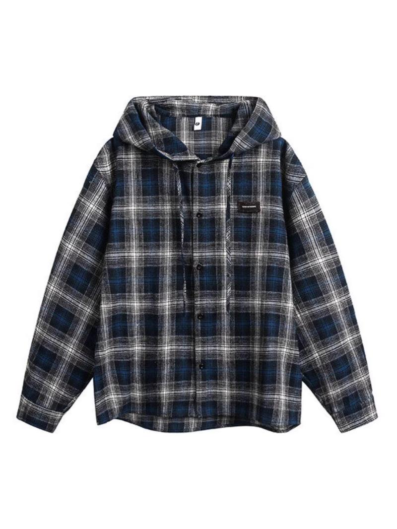 Product Introduction of Blue Gray Plaid Hooded Plaid Shirt Korean Vintage Long Sleeve Top Men's Loose Shirt 12