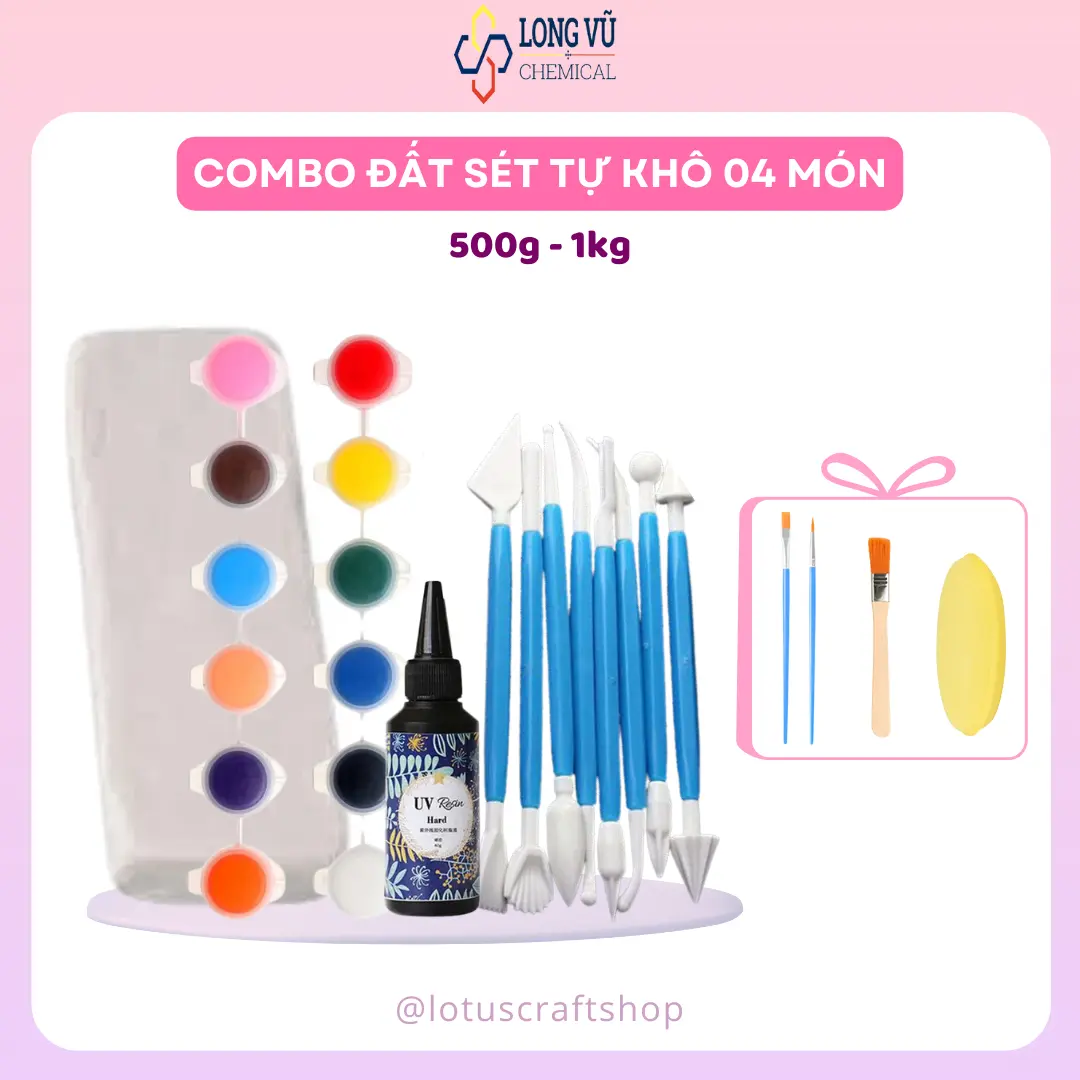 Combo Đất Sét Tự Khô 4 Món, Set Đất Sét Tự Khô Đầy Đủ Dụng Cụ, Cao Cấp, Dễ Sử Dụng, Đồ Chơi - Lotus Clay Craft Box - Lotus Craft Shop x Long Vu Chemical [C4-0193]