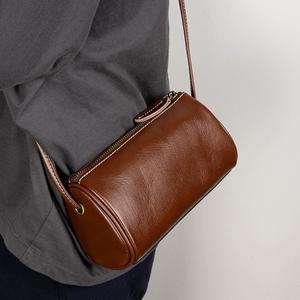Genuine Leather Cylinder Crossbody Bag Small Bag, Unisex Cowhide Bag, Can Be Crossbody or Shoulder, Versatile Simple Style Bag for Various Occasions