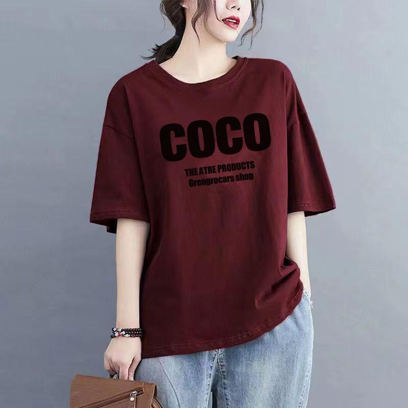 Áo Thun Cotton Ngắn Tay, Bộ Sưu Tập Mới Mùa Hè Năm 2025, Dành Cho Phụ Nữ, Phong Cách Hàn Quốc, Dáng Rộng Vừa Vặn, In Hình, Ngoại Cỡ, Dễ Phối Đồ, Hình Dạng Lắc Lư, Áo Cánh Cổ Tròn, Áo Lớp Nền 1