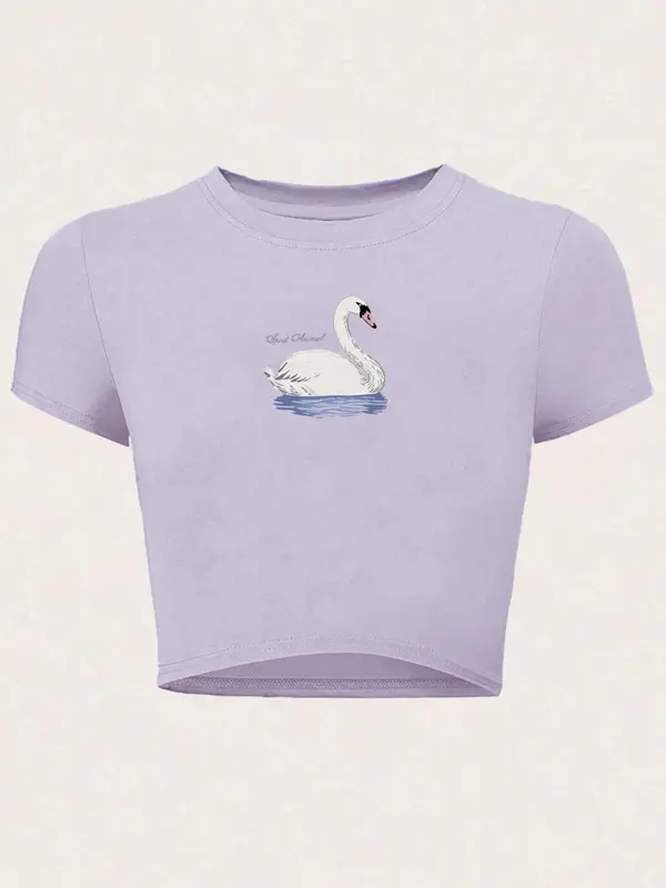 Women's Y2K Swan & Letter Graphic Round Neck Crop Tee, Casual Short Sleeve Crew Neck T-Shirt for Daily Wear, Ladies Clothes for All Seasons 8