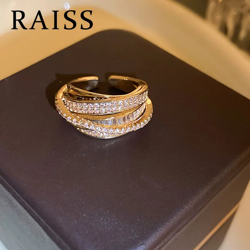 Cincin Zirkon, Reka Bentuk Indah, Untuk Wanita, Bersalut Emas, Fesyen Korea, Cincin Berbalut Silang, Cincin Terbuka Zirkon Emas Rings Gelap