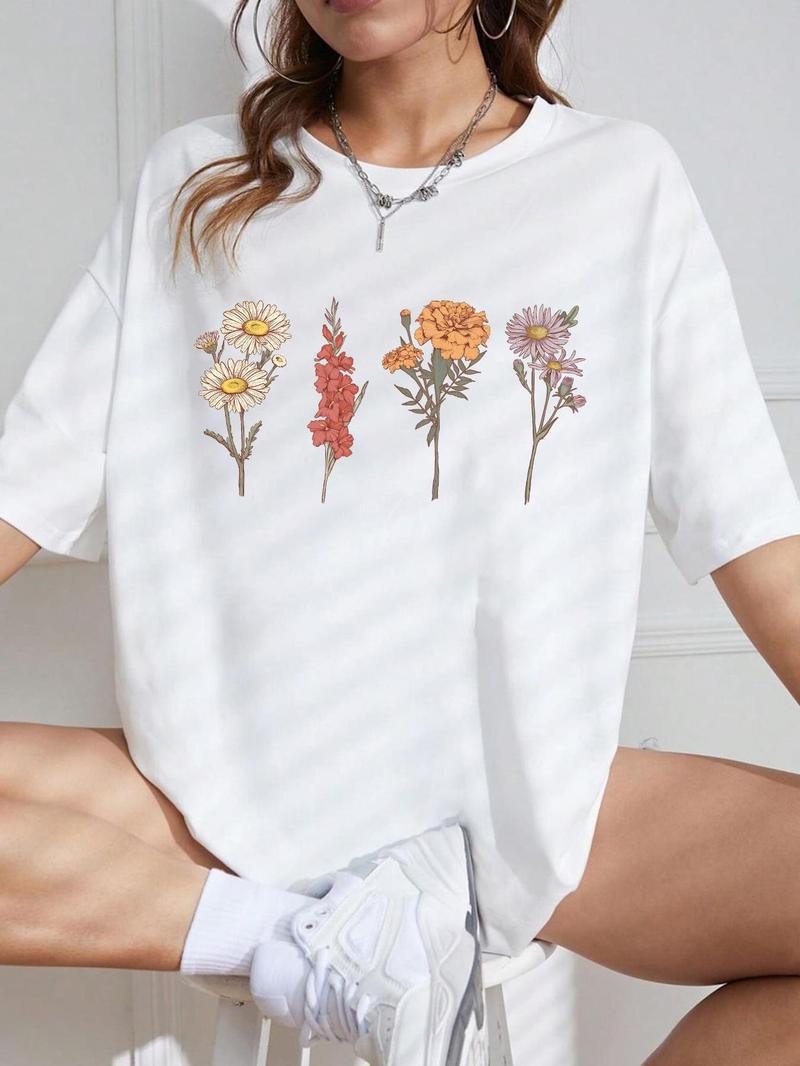 Product Introduction of Women's Floral Print Drop Shoulder Tee, Casual Half Sleeve Round Neck T-Shirt for Summer, Ladies Clothes for Daily Wear 9